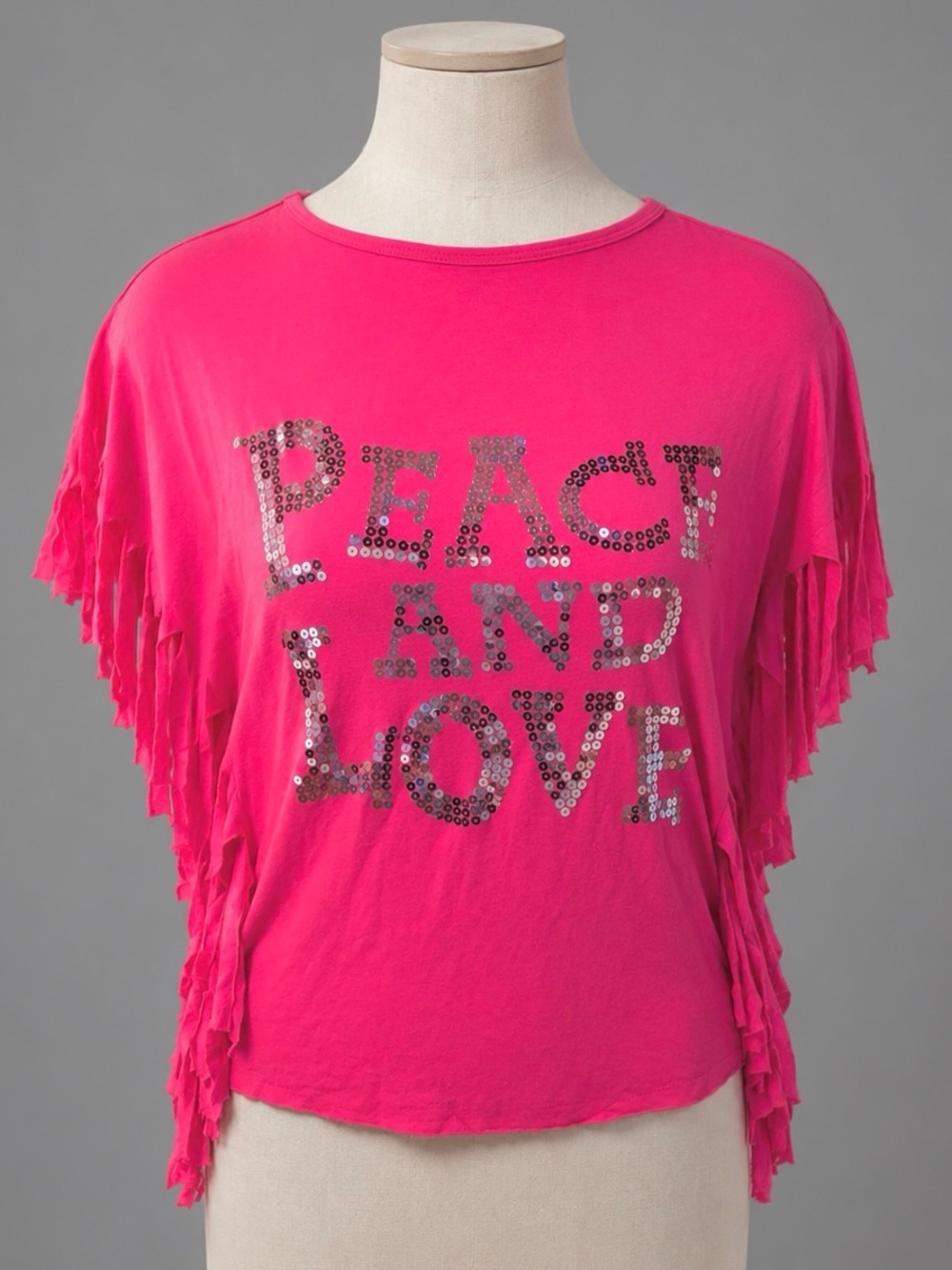 PEACE AND LOVE Silver Sequin Hot Pink Fringe Top